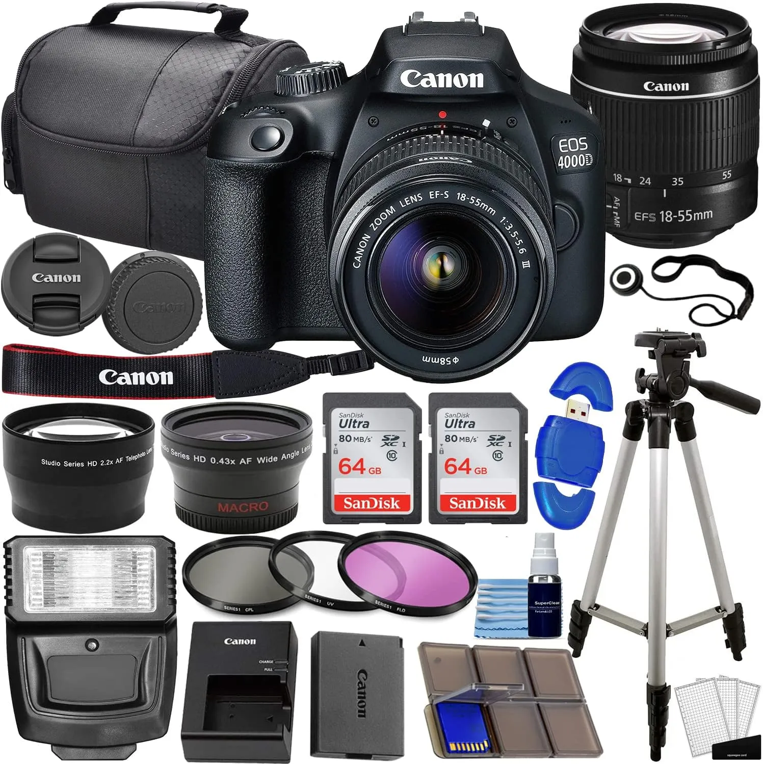 Canon EOS 4000D / Rebel T100 DSLR Camera w/EF-S 18-55mm f/3.5-5.6 Lens 3 Lens Kit Bundled with 128GB Memory   Wide Angle Lens   Telephoto Lens   Flash   More (Renewed) Black
