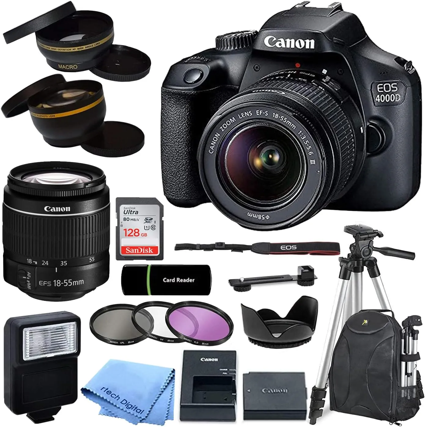 Canon EOS 4000D / Rebel T100 DSLR Camera with EF-S 18-55mm Zoom Lens   SanDisk 128GB Memory Card   Tripod   Case   Wideangle Lenses   Rtech Digital Cloth (20pc Bundle), Black (Renewed)
