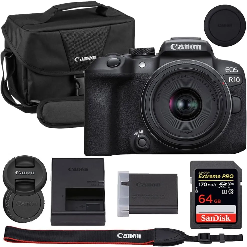 Canon EOS R10 Mirrorless Camera with 18-45mm Lens Bundle with Canon 200ES EOS Shoulder Bag   64GB Extreme PRO Memory Card