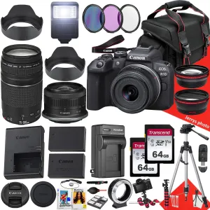 Canon EOS R10 Mirrorless Camera with RF-S 18-45mm f/4.5-6.3 is STM and EF 75-300mm f/4-5.6 III Lens   128 GB Memory   Extra Battery   Battery Charger   Filters   Tripod   More (34pc Bundle) (Renewed)