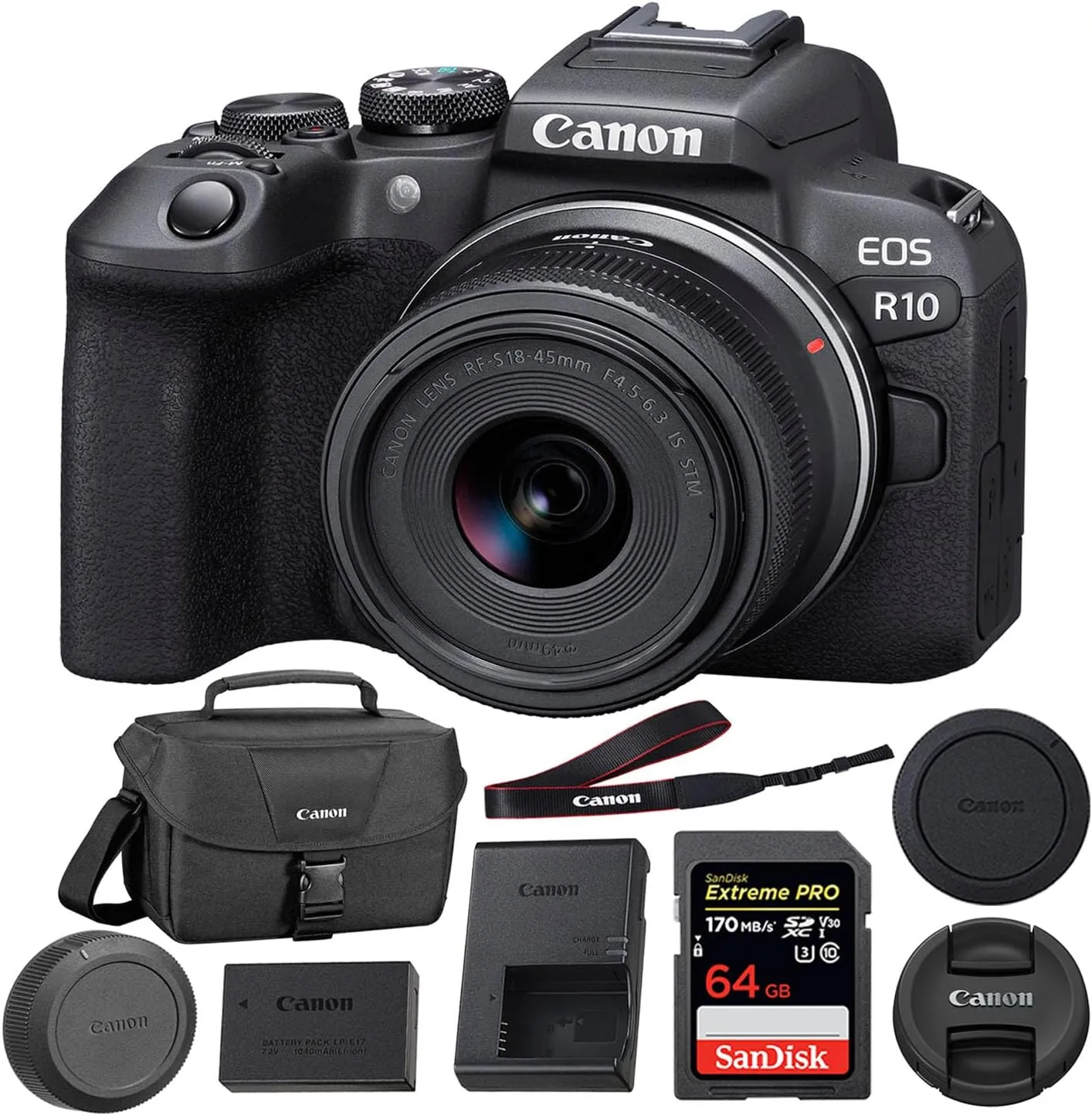 Canon EOS R10 Mirrorless Camera with RF-S 18-45mm Lens Bundle with 64GB Extreme PRO UHS-I SDXC Memory Card   Canon 200ES EOS Shoulder Bag (3 Items)