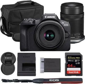 Canon EOS R100 Mirrorless Camera with 18-45mm & 55-210mm Lens Bundle with Canon 200ES EOS Shoulder Bag   64GB Extreme PRO Memory Card