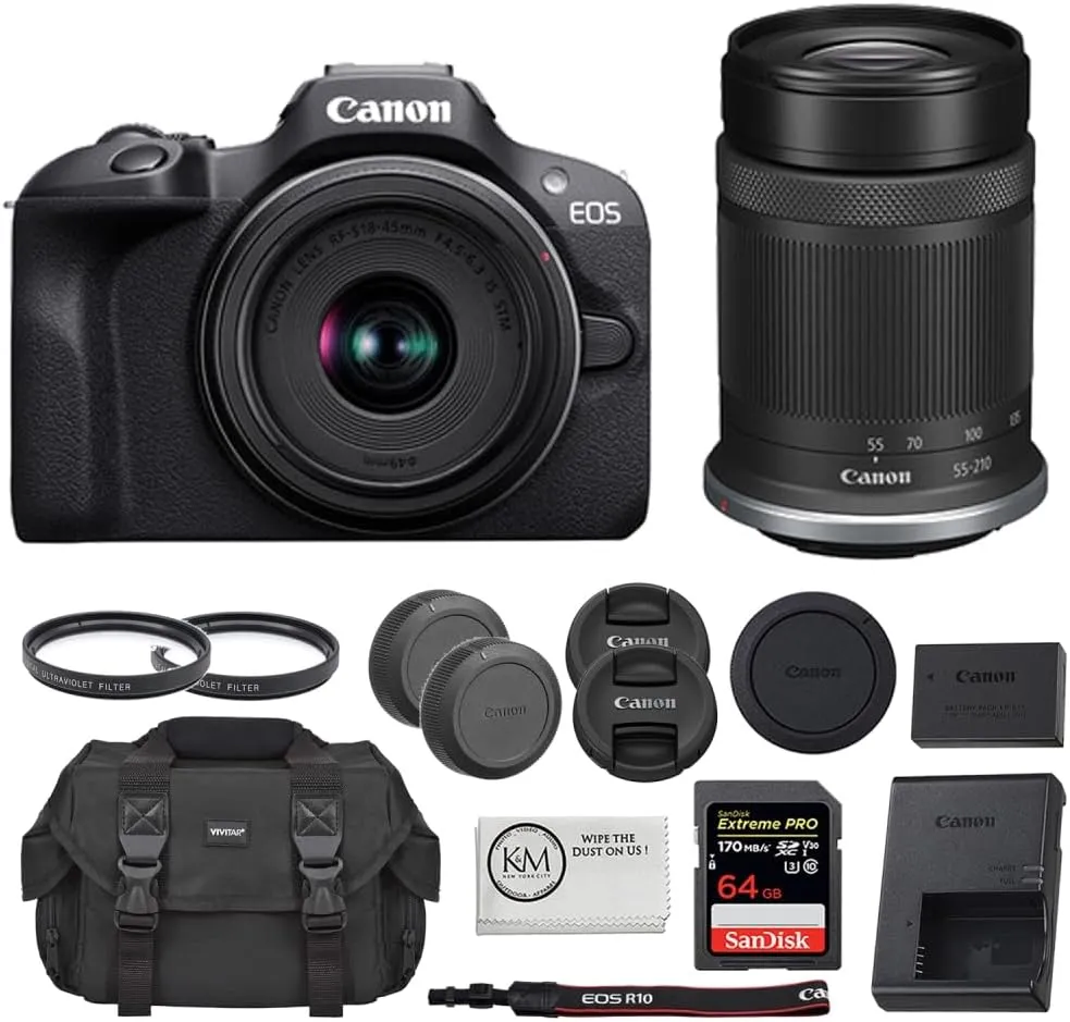 Canon EOS R100 Mirrorless Camera with 18-45mm and 55-210mm Lenses Kit Bundled with 64GB Memory Card   Digital Camera Case   49mm UV Filter   55mm UV Glass Filter   Microfiber Cleaning Cloth (6 Items)