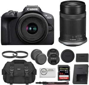 Canon EOS R100 Mirrorless Camera with 18-45mm and 55-210mm Lenses Kit Bundled with 64GB Memory Card   Digital Camera Case   49mm UV Filter   55mm UV Glass Filter   Microfiber Cleaning Cloth (6 Items)