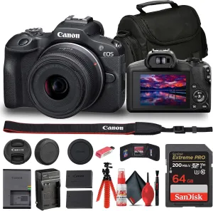 Canon EOS R100 Mirrorless Camera with 18-45mm Lens (6052C012)   Bag   64GB Card   LPE17 Battery   Charger   Card Reader   Flex Tripod   Cleaning Kit   Memory Wallet (Renewed)