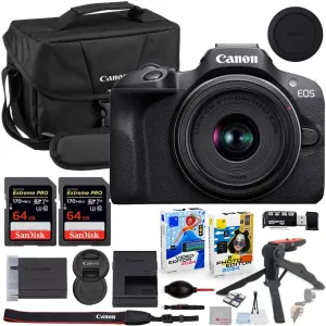 Canon EOS R100 Mirrorless Camera with 18-45mm Lens Bundle with Canon 200ES EOS Shoulder Bag   2X 64GB Extreme Memory Cards   Accessory Kit