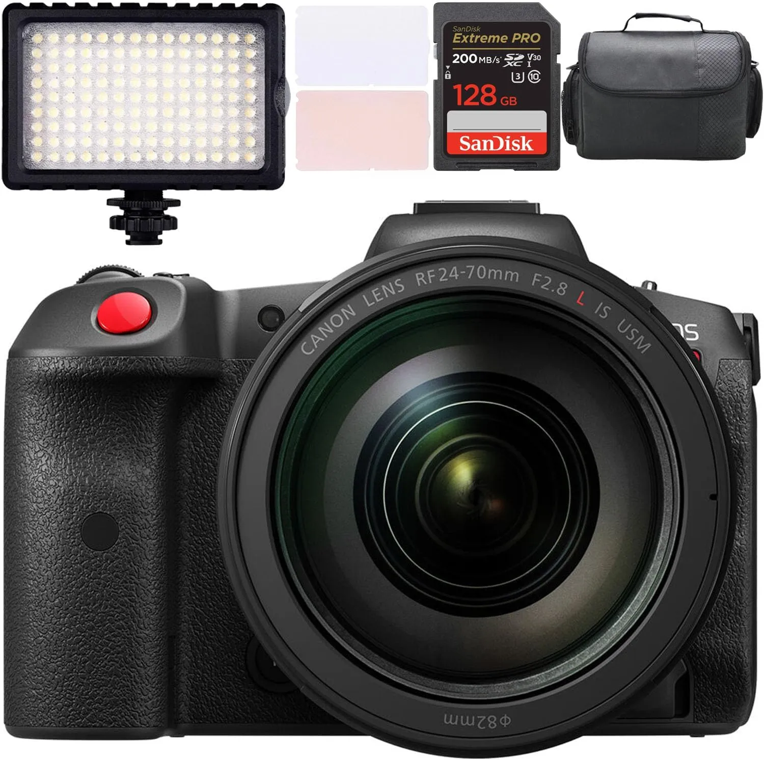 Canon EOS R5 C Mirrorless Cinema Camera w/Canon RF 24-70mm f/2.8 L is USM Lens   LED Video Light   Camera Case   128GB Memory (15pc Bundle) (Renewed)