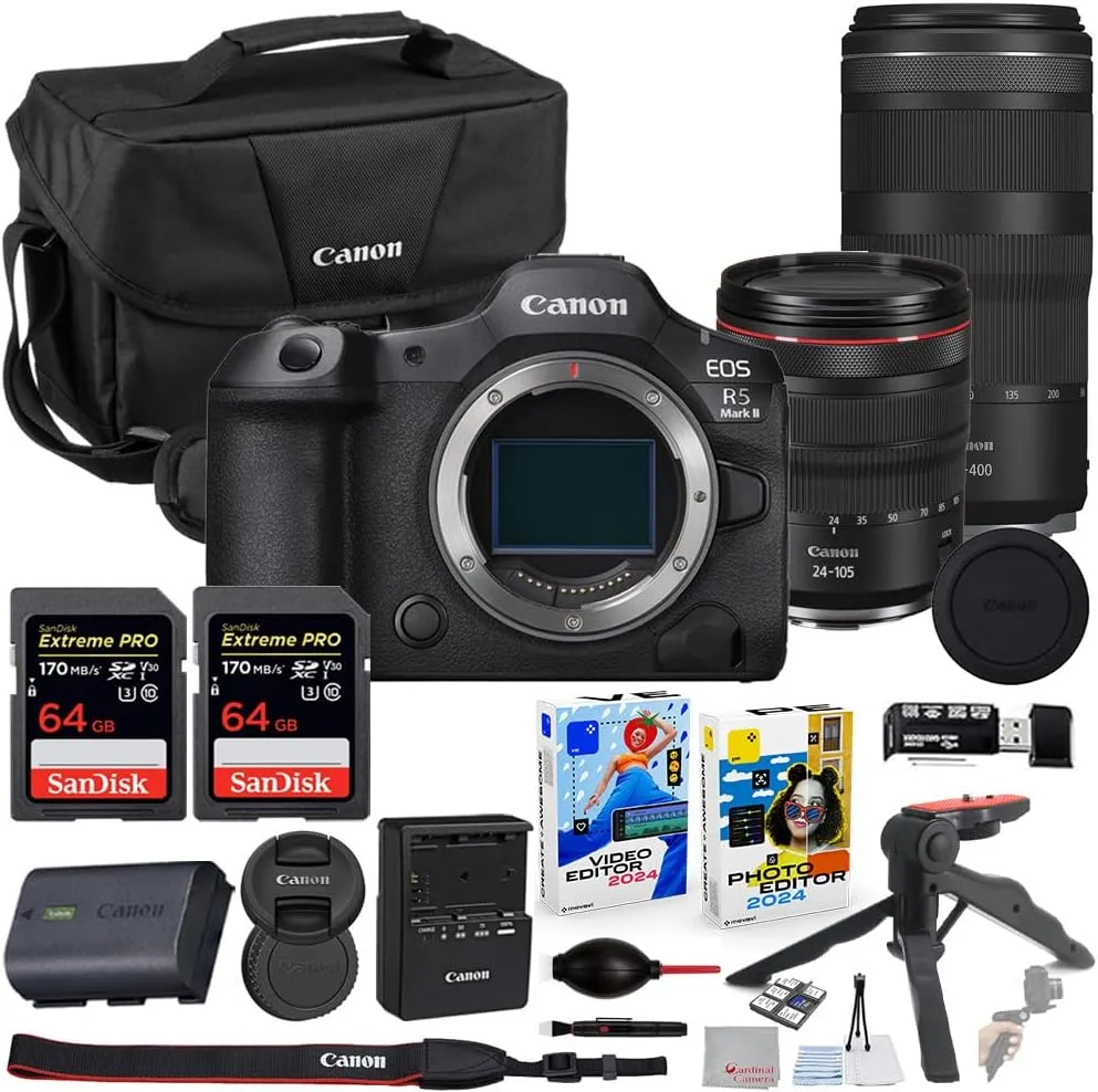 Canon EOS R5 Mark II Mirrorless Camera with 24-105mm f/4 & 100-400mm Lens Bundle with Canon 200ES EOS Shoulder Bag   2X 64GB Extreme Memory Cards   Accessory Kit