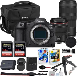 Canon EOS R5 Mark II Mirrorless Camera with 24-105mm f/4 & 100-400mm Lens Bundle with Canon 200ES EOS Shoulder Bag   2X 64GB Extreme Memory Cards   Accessory Kit