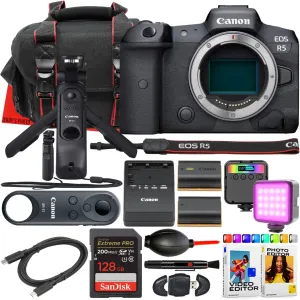 Canon EOS R5 Mirrorless Camera Body   Canon HG-100TBR Tripod Grip & BR-E1 Wireless Remote Control   128 GB Memory   LED Light   Extra Battery   More (17pc Bundle) (Renewed)