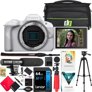 Canon EOS R50 Mirrorless APS-C Interchangeable Lens Camera | Official Canon USA Partner Model | Body White 5812C002 Bundle with Deco Gear Photography Bag   Microphone   Tripod   Software
