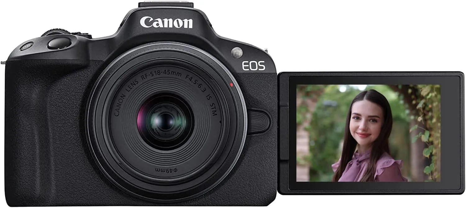 Canon EOS R50 Mirrorless Camera (Black) with RF-S 18-45mm F4.5-6.3 is STM Lens 5811C012 Bundle with Deco Gear Photography Bag   2 x Battery   2 x 64GB Memory Cards   Accessories Kit