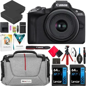 Canon EOS R50 Mirrorless Camera (Black) with RF-S 18-45mm F4.5-6.3 is STM Lens 5811C012 Bundle with Deco Gear Photography Bag   2 x Battery   2 x 64GB Memory Cards   Accessories Kit