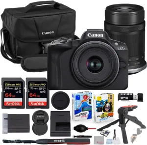 Canon EOS R50 Mirrorless Camera with 18-45mm & 55-210mm Lens Bundle with Canon 200ES EOS Shoulder Bag   2X 64GB Extreme Memory Cards   Accessory Kit