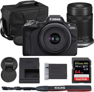 Canon EOS R50 Mirrorless Camera with 18-45mm & 55-210mm Lens Bundle with Canon 200ES EOS Shoulder Bag   64GB Extreme PRO Memory Card