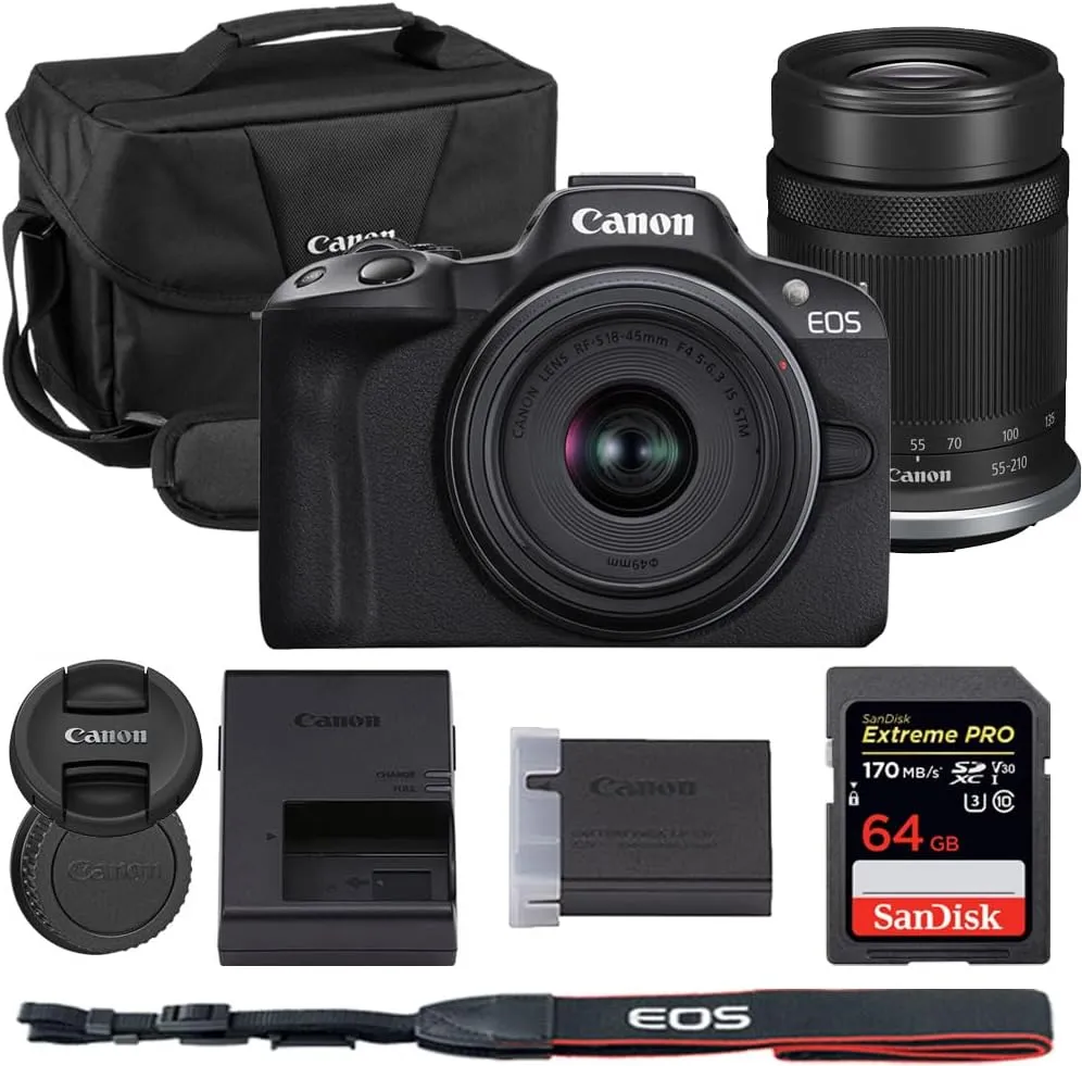 Canon EOS R50 Mirrorless Camera with 18-45mm & 55-210mm Lens Bundle with Canon 200ES EOS Shoulder Bag   64GB Extreme PRO Memory Card