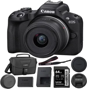 Canon EOS R50 Mirrorless Camera with 18-45mm Lens (Black) Bundle with 64GB Memory Card   Canon 200ES EOS Shoulder Bag (3 Items)