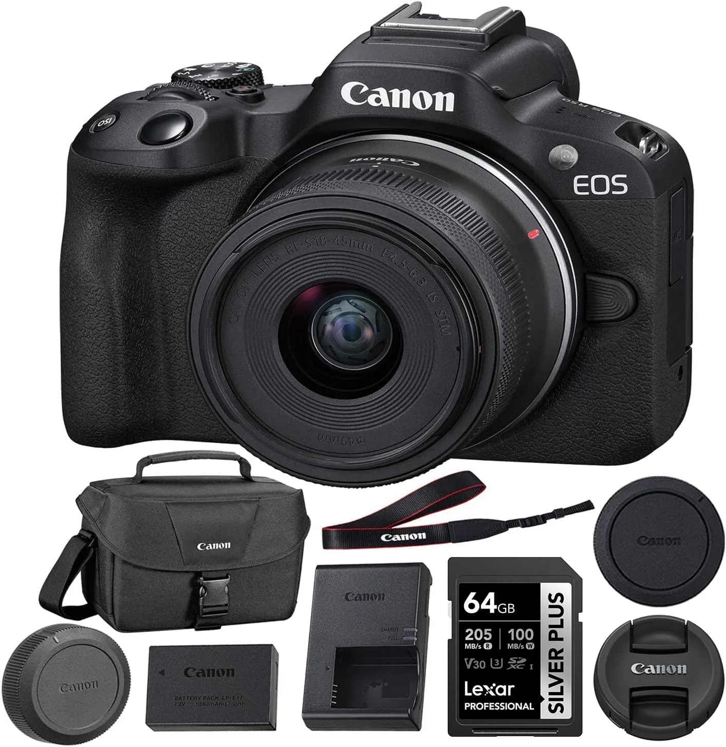 Canon EOS R50 Mirrorless Camera with 18-45mm Lens (Black) Bundle with 64GB Memory Card   Canon 200ES EOS Shoulder Bag (3 Items)