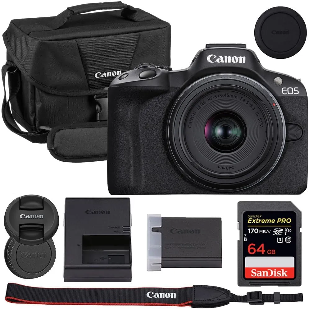 Canon EOS R50 Mirrorless Camera with 18-45mm Lens Bundle with Canon 200ES EOS Shoulder Bag   64GB Extreme PRO Memory Card