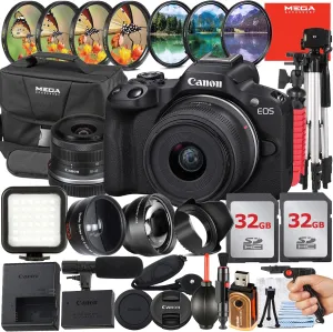 Canon EOS R50 Mirrorless Camera with RF-S 18-45mm Lens   2 Pack 32GB Memory Card   Case   Telephoto   Filter Kit   Flash   MegaAccessory Bundle