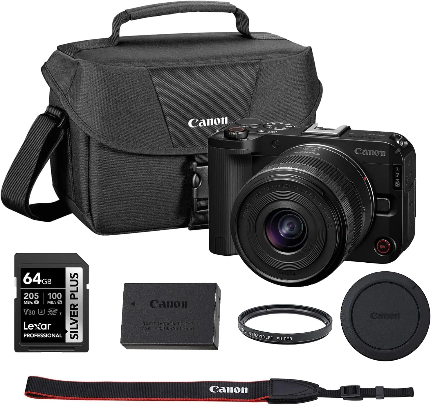 Canon EOS R50 V APS-C Mirrorless Interchangeable Lens Hybrid Camera with RF-S 14-30mm f/4-6.3 is STM PZ Lens Bundle and 64GB Memory Card   UV Filter   Camera Bag (5 Items)