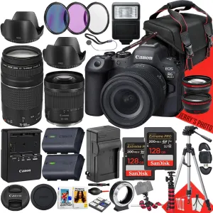 Canon EOS R6 Mark II Mirrorless Camera with 24-105mm f/4-7.1 IS STM and EF 75-300mm f/4-5.6 III Lens   128GB and 64GB Memory   Extra Charger   Filters   Tripod   More (33pc Bundle) (Renewed)