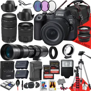 Canon EOS R6 Mark II Mirrorless Camera with 24-105mm f/4-7.1 IS STM, EF 75-300mm f/4-5.6 III and 420-800mm Lens   2PC 128 GB Memory   Filters   Tripod   More (35pc Bundle) (Renewed)