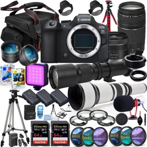 Canon EOS R6 Mark II Mirrorless Camera with 24-50mm & 75-300mm Lens Bundle   500mm & 650-1300mm Telephoto   Acc Package Including 128GB Memory, Mic, LED Light, Software & More (42 Pieces) (Renewed)
