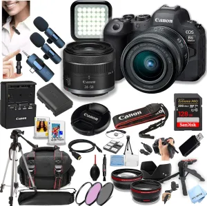 Canon EOS R6 Mark II Mirrorless Camera with 24-50mm Lens   128GB Extreme Memory, Wireless Lavalier Microphones, Lenses, Filters, Case, Tripod,Software, and More (Content Creator Bundle) (Renewed)
