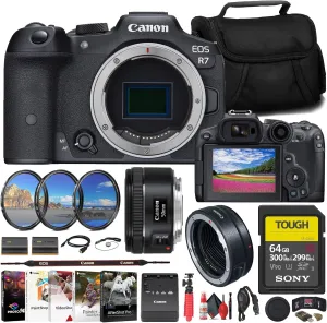 Canon EOS R7 Mirrorless Camera (5137C002)   Canon EF 50mm Lens (0570C002)   Canon Mount Adapter   Sony 64GB Tough SD Card   Filter Kit   Bag   Charger   LPE6 Battery   Card Reader   More (Renewed)