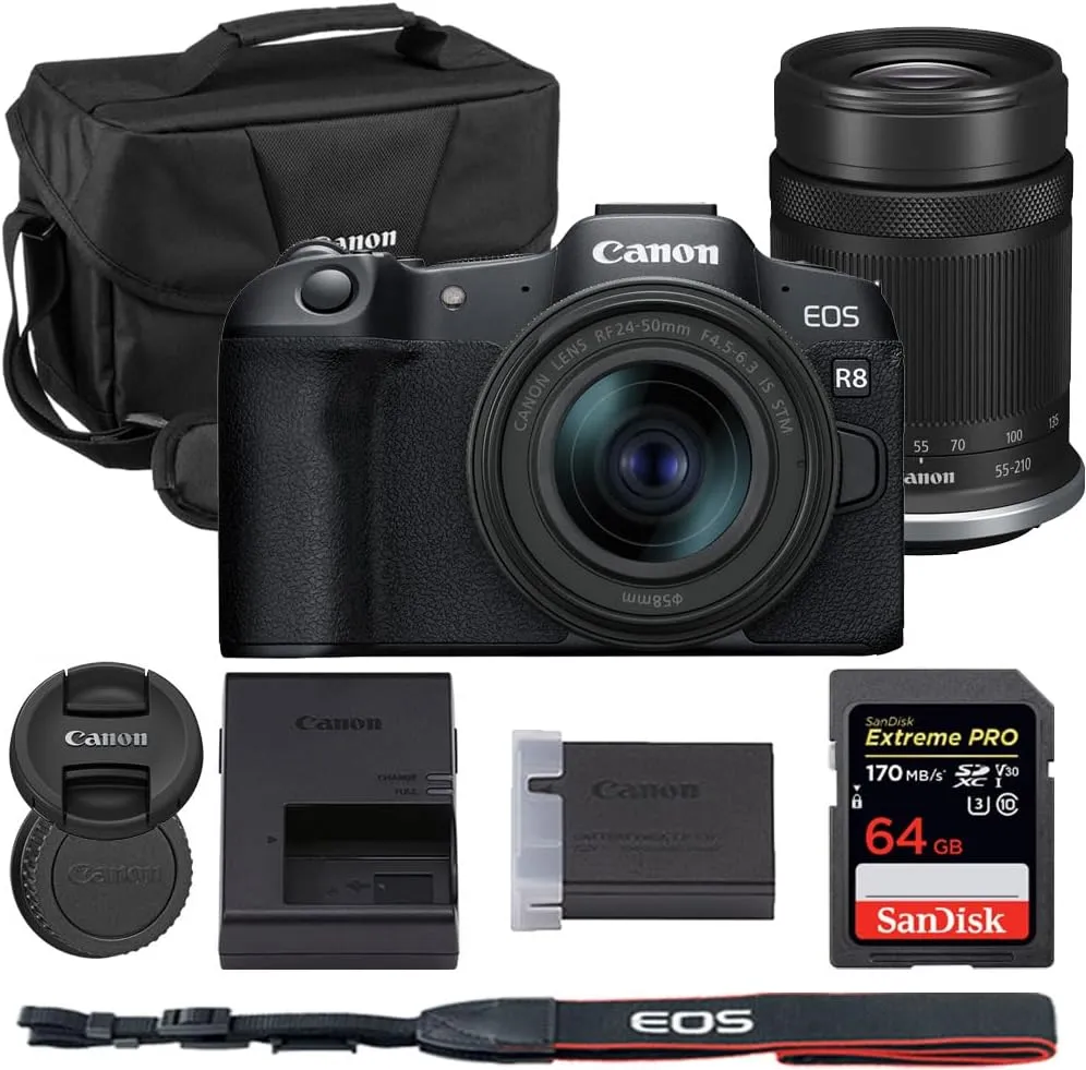 Canon EOS R8 Mirrorless Camera with 24-50mm & 55-210mm Lens Bundle with Canon 200ES EOS Shoulder Bag   64GB Extreme PRO Memory Card