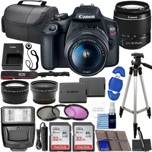 Canon EOS Rebel T7 DSLR Camera Bundle with Canon EF-S 18-55mm f/3.5-5.6 is II Lens   2X 32GB Memory Cards   Filters   Preferred Accessory Kit, Black (Renewed)