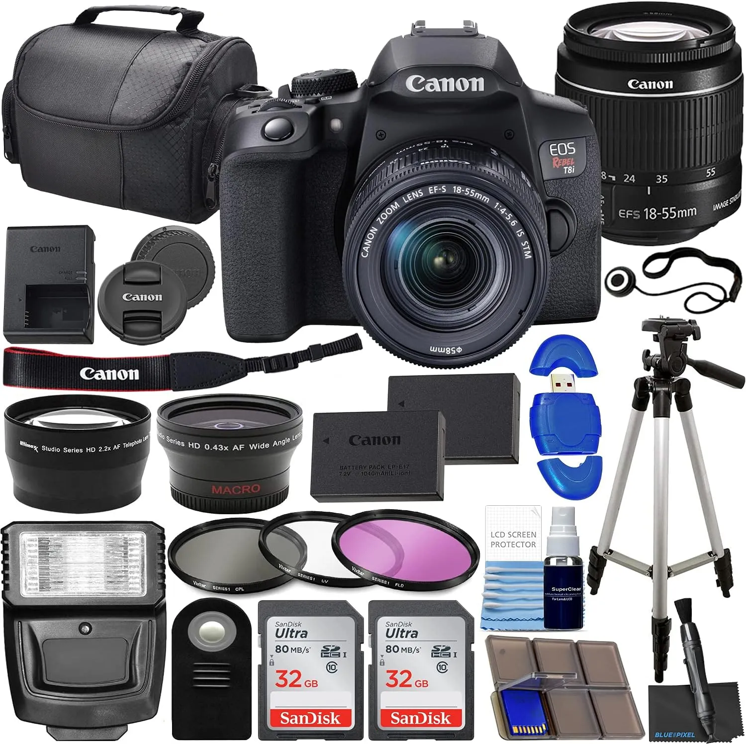Canon EOS Rebel T8i DSLR Camera w/EF-S 18-55mm F/4-5.6 is STM Zoom Lens Bundle   Wide Angle Lens   Telephoto Lens   128GB Memory   Case   Tripod   3pc Filter Kit   Pro Kit (Renewed)