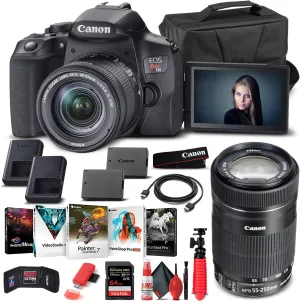 Canon EOS Rebel T8i DSLR Camera with 18-55mm Lens (3924C002)   Canon EF-S 55-250mm Lens   64GB Card   Case   Corel Photo Software   LPE17 Battery   External Charger   Card Reader   More (Renewed)