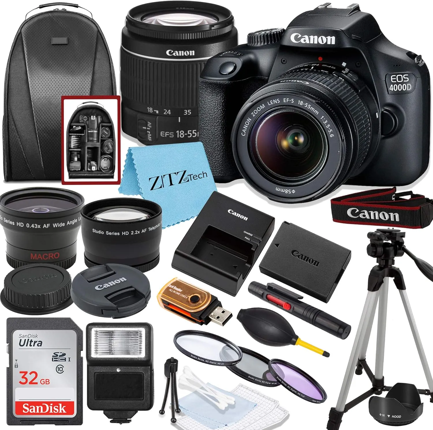 Canon EOS T100/4000D DSLR Camera with EF-S 18-55mm Lens, SanDisk Memory Card, Tripod, Flash, Backpack   ZeeTech Accessory Bundle (Canon 18-55mm, SanDisk 32GB) (Renewed)