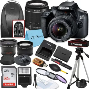 Canon EOS T100/4000D DSLR Camera with EF-S 18-55mm Lens, SanDisk Memory Card, Tripod, Flash, Backpack   ZeeTech Accessory Bundle (Canon 18-55mm, SanDisk 32GB) (Renewed)