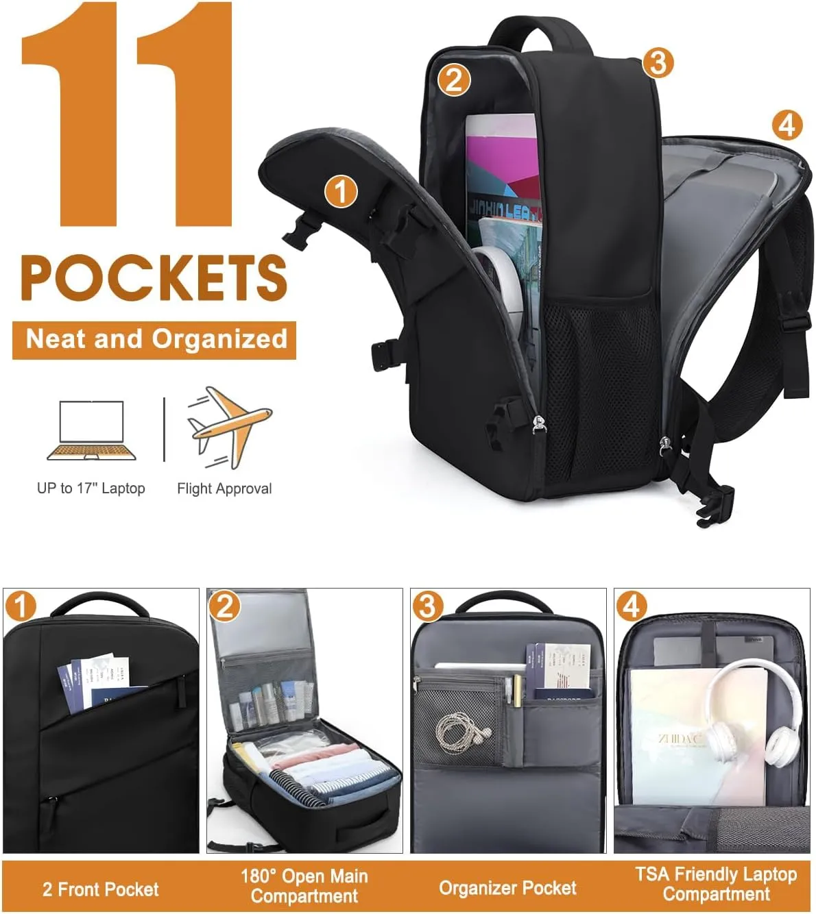 Capolo Travel Backpack for Women Men Waterproof Laptop Backpack Flight Approved Carry On Backpack Overnight Weekender Bag College Bookbag for Business, Work, Traveling Fits 17 '' Laptop,Black