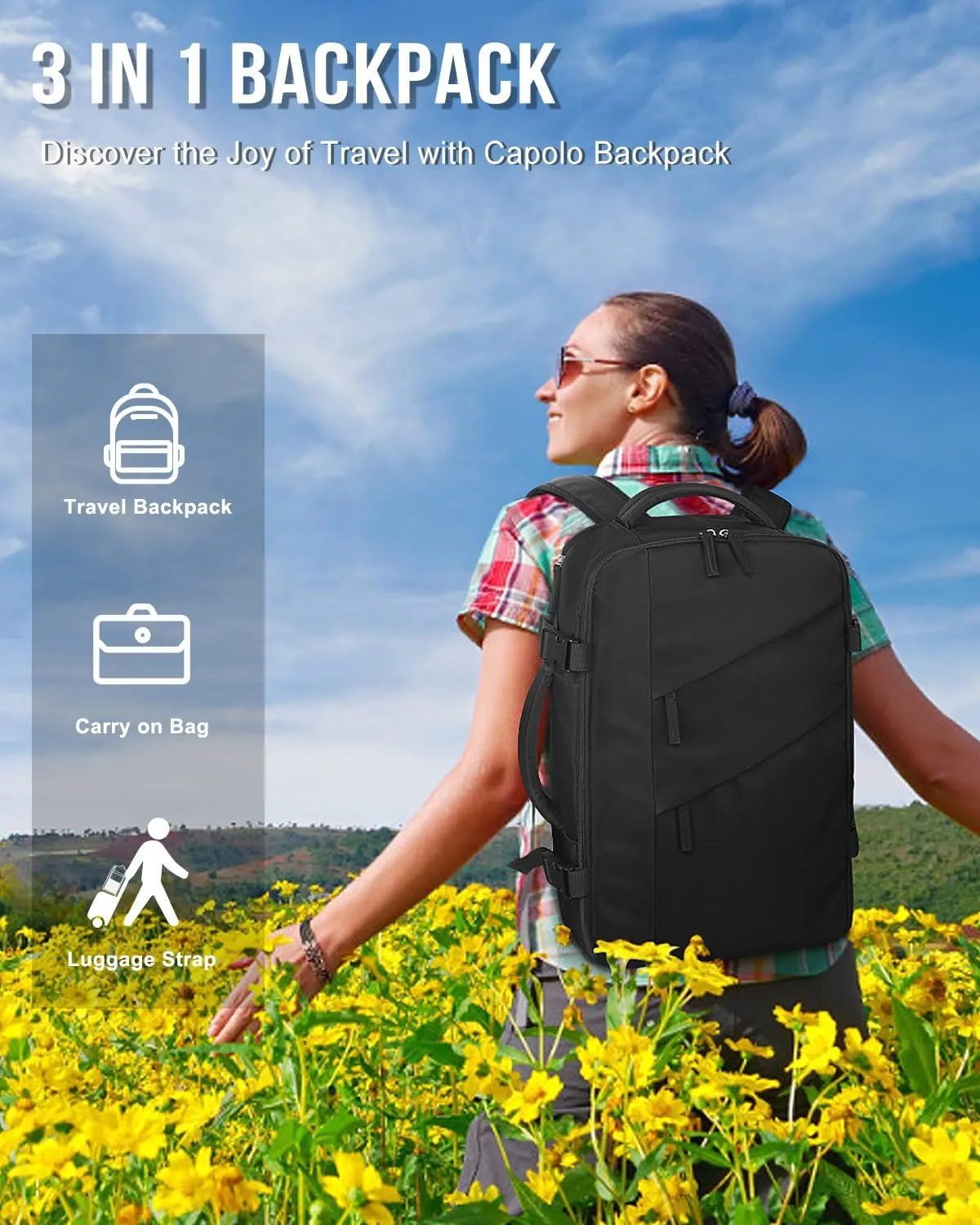 Capolo Travel Backpack for Women Men Waterproof Laptop Backpack Flight Approved Carry On Backpack Overnight Weekender Bag College Bookbag for Business, Work, Traveling Fits 17 '' Laptop,Black