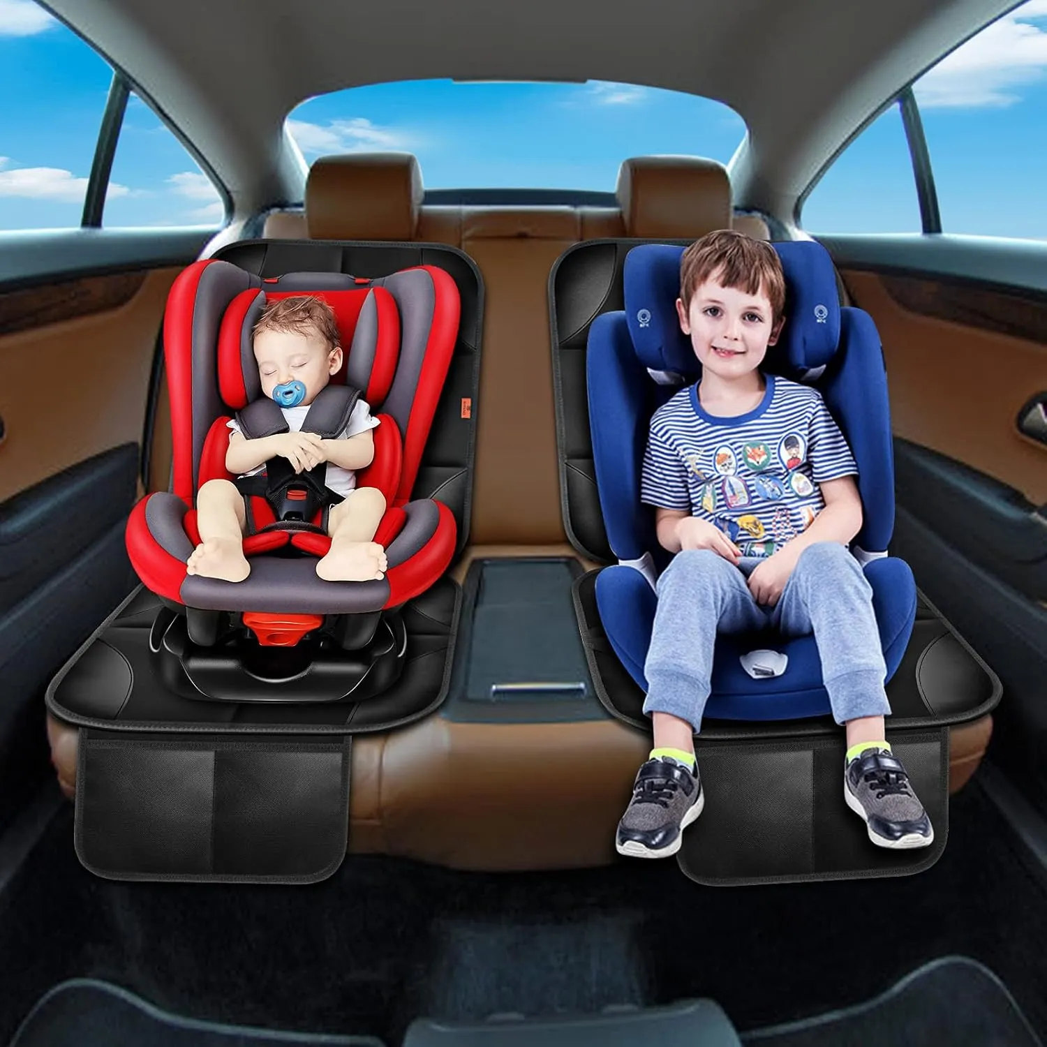 Car Seat Protector 2 Pack, Thick Padding, Waterproof 600D Fabric, Non-Slip Backing, Mesh Pockets, Blue