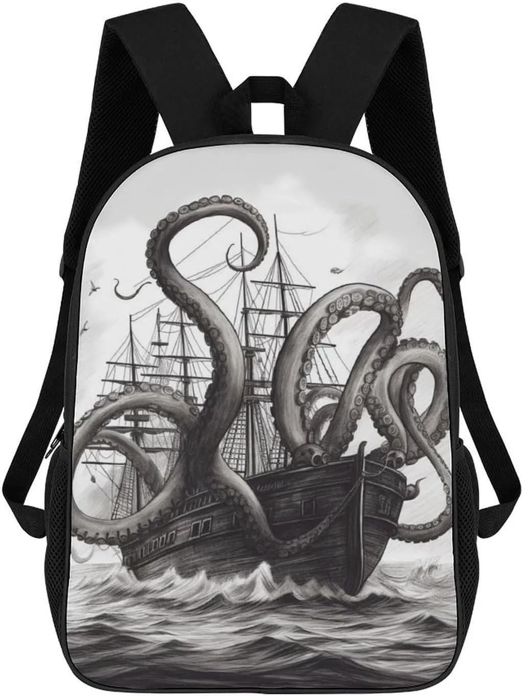 Casual Backpack for Men Women Waterproof Lightweight Daypack Travel Laptop Bag Black And White Octopus And Ship