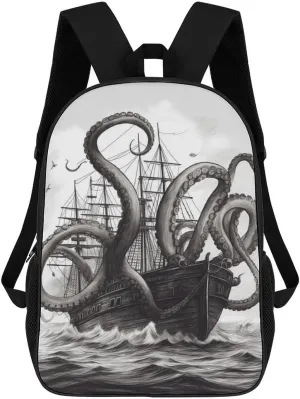 Casual Backpack for Men Women Waterproof Lightweight Daypack Travel Laptop Bag Black And White Octopus And Ship