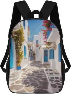 Casual Backpack for Men Women Waterproof Lightweight Daypack Travel Laptop Bag Greece Street