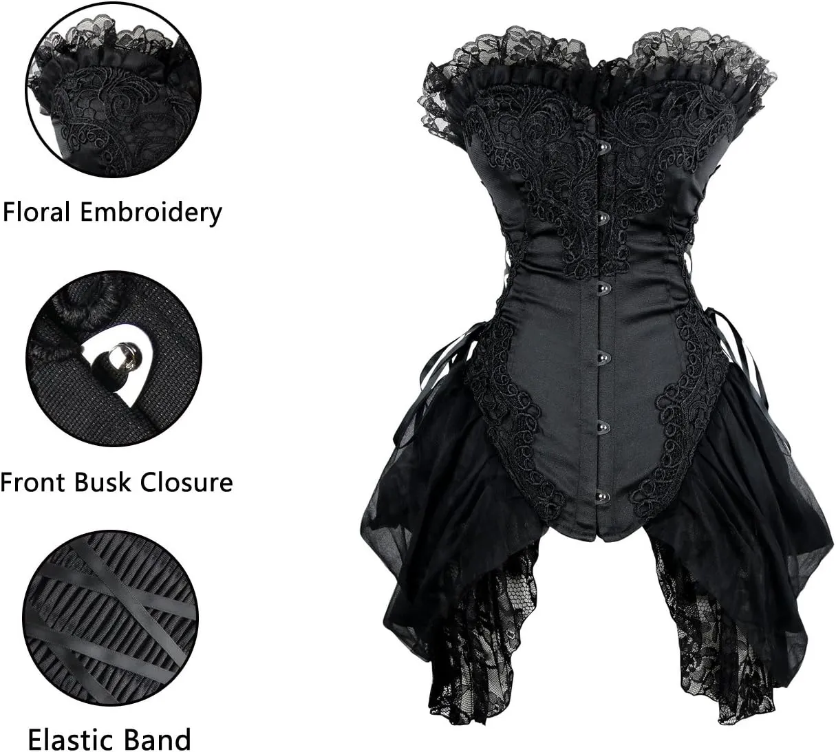 Charmian Women's Sexy Strapless Floral Embroidery Gothic Corset with Lace Skirt