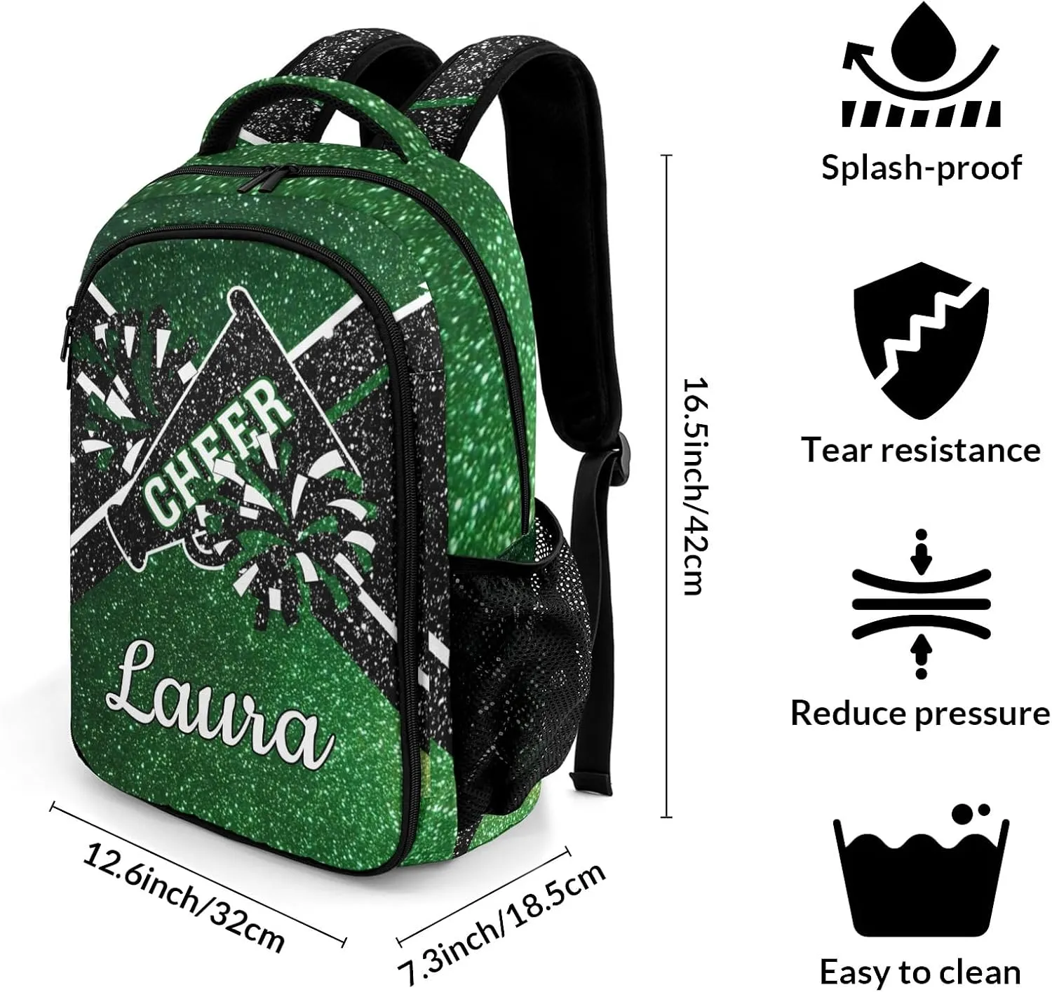 Cheer Cheerleader Backpack Cheerleading Bags Custom Name Book Bag for Cheer Team Coaches Gift (Green)