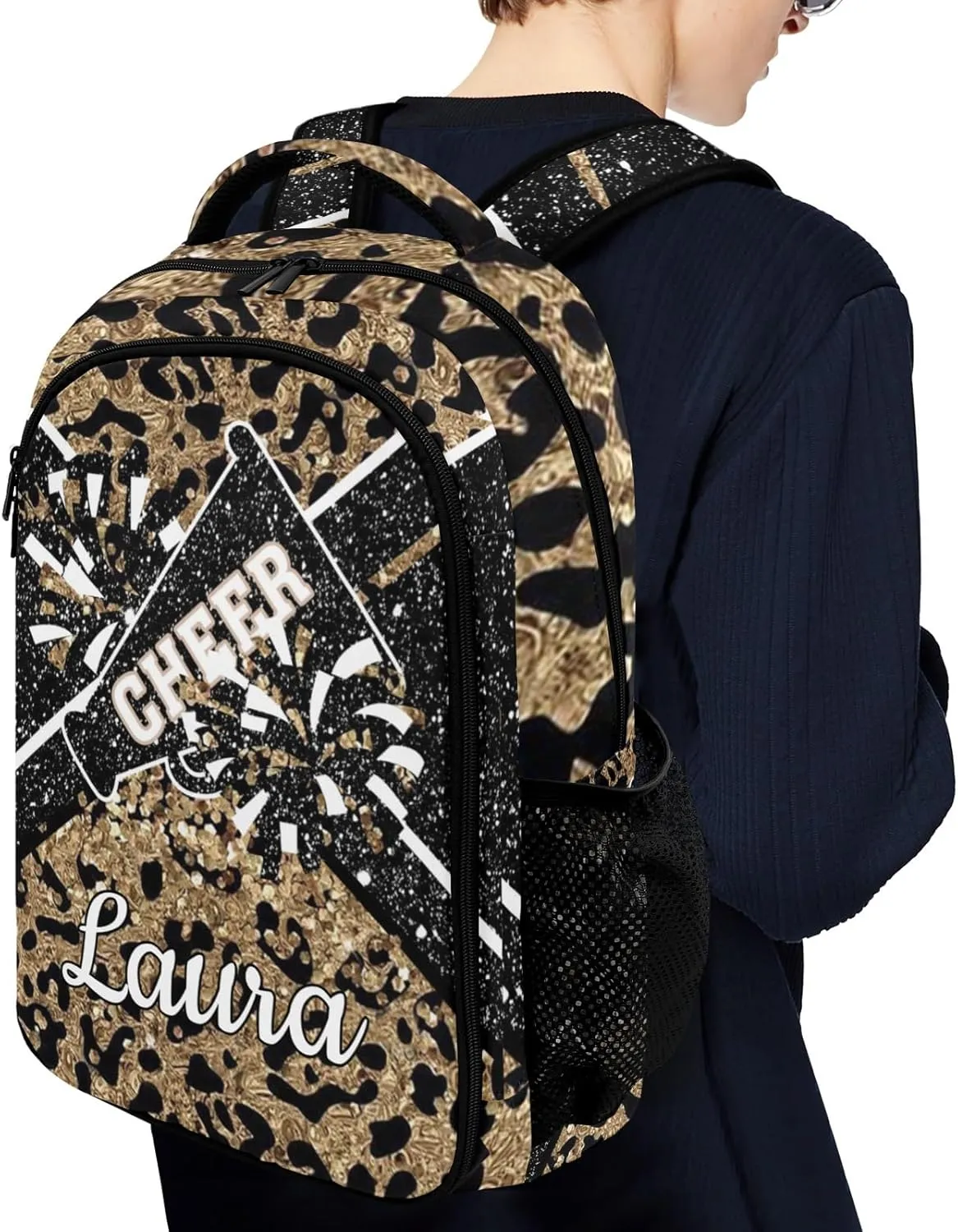 Cheer Cheerleader Backpack Cheerleading Bags Custom Name Book Bag for Cheer Team Coaches Gift (Leopard)