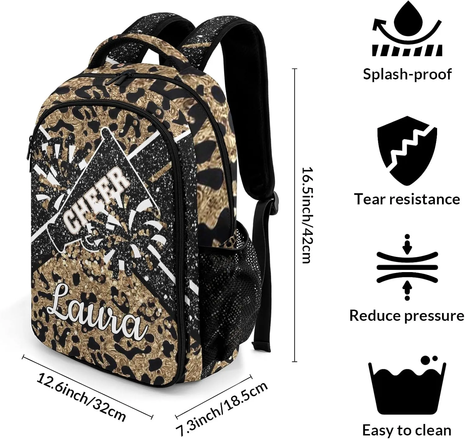Cheer Cheerleader Backpack Cheerleading Bags Custom Name Book Bag for Cheer Team Coaches Gift (Leopard)