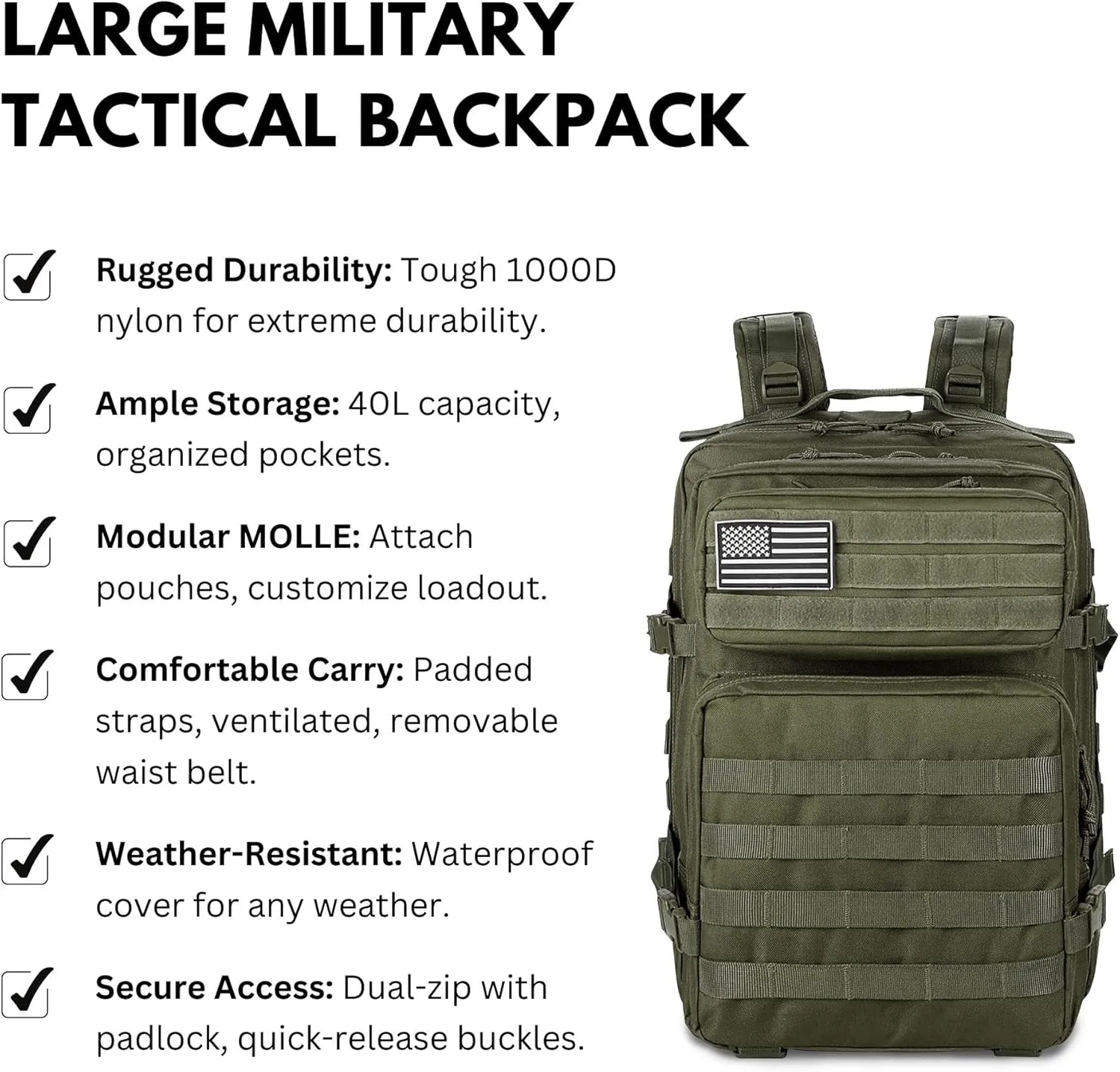 Ciana Large Military Tactical Backpack Bug Out Bag Rucksack for Men Large Capacity Rucksacks Army Outdoor Assault Pack Go Bag for Hunting (Army Green)