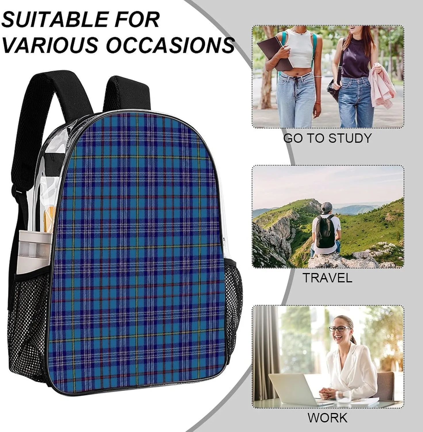 Citadel Military Academy Tartan Transparent Fashion Waterproof PVC Transparent Backpack Unisex 17 Inches