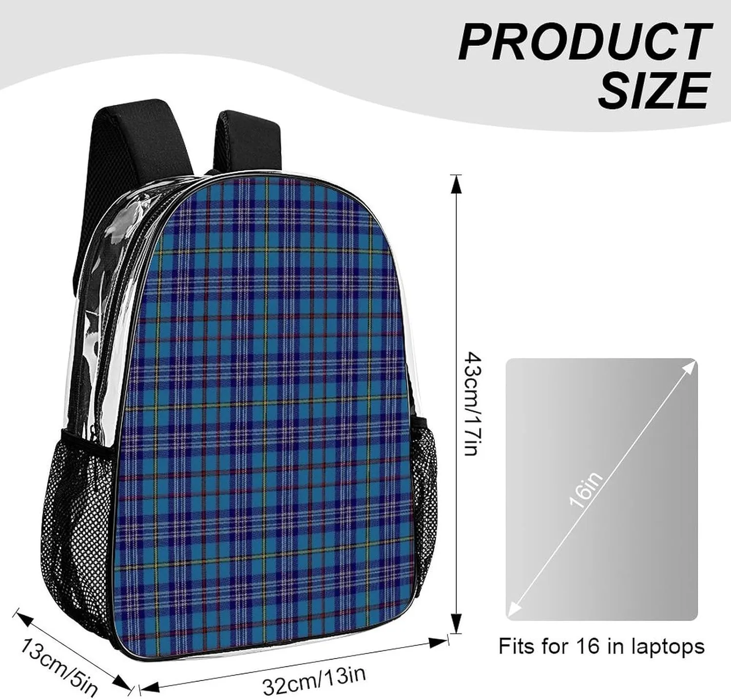 Citadel Military Academy Tartan Transparent Fashion Waterproof PVC Transparent Backpack Unisex 17 Inches