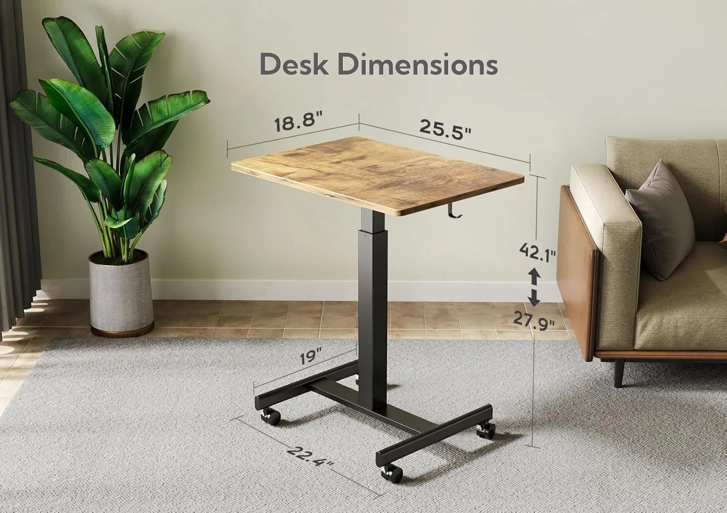 Claiks Mobile Standing Desk, Small Rolling Adjustable Desk with Wheels, Pneumatic Mobile Laptop Desks Workstation with Hook, Rustic Brown